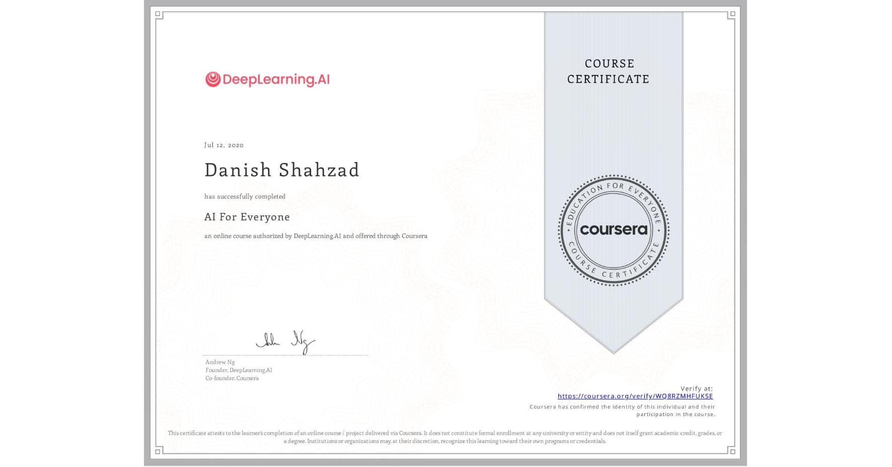 AI For Everyone certificate