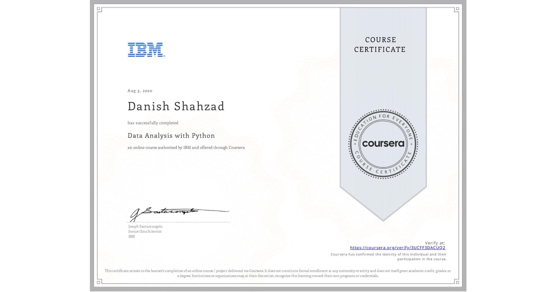 Data Analysis with Python certificate
