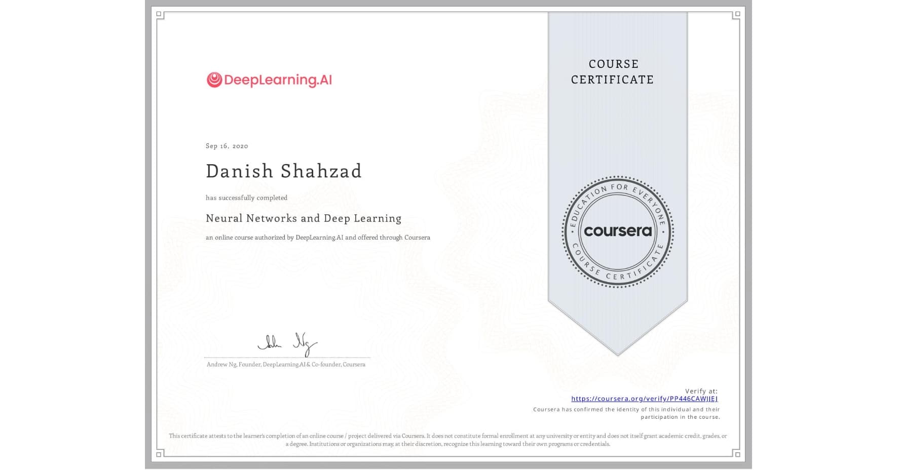 Neural Networks and Deep Learning certificate