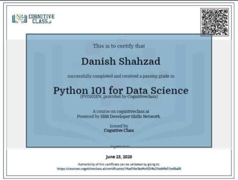 Python 101 for Data Science certificate