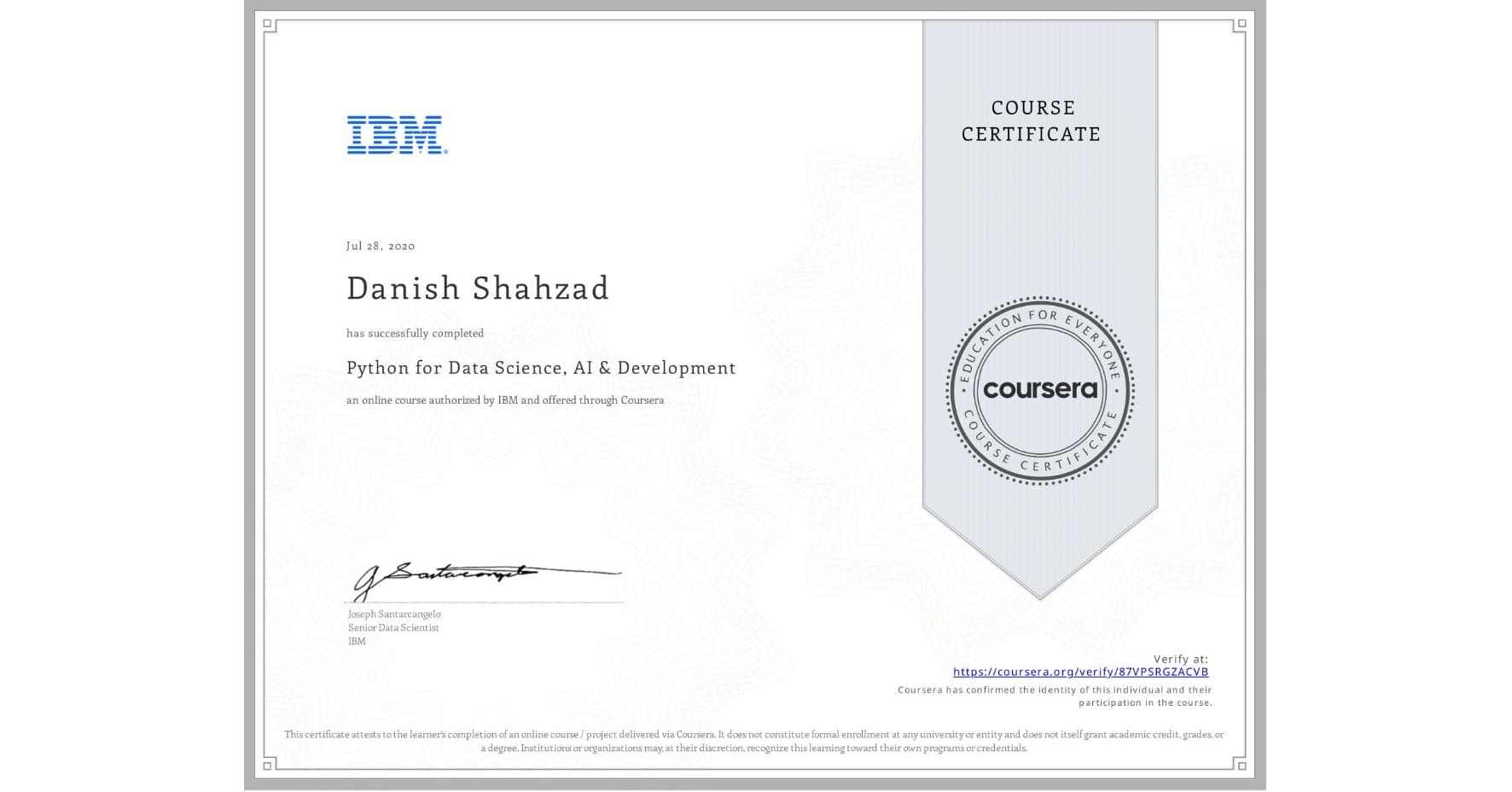 Python for Data Science, AI & Development certificate