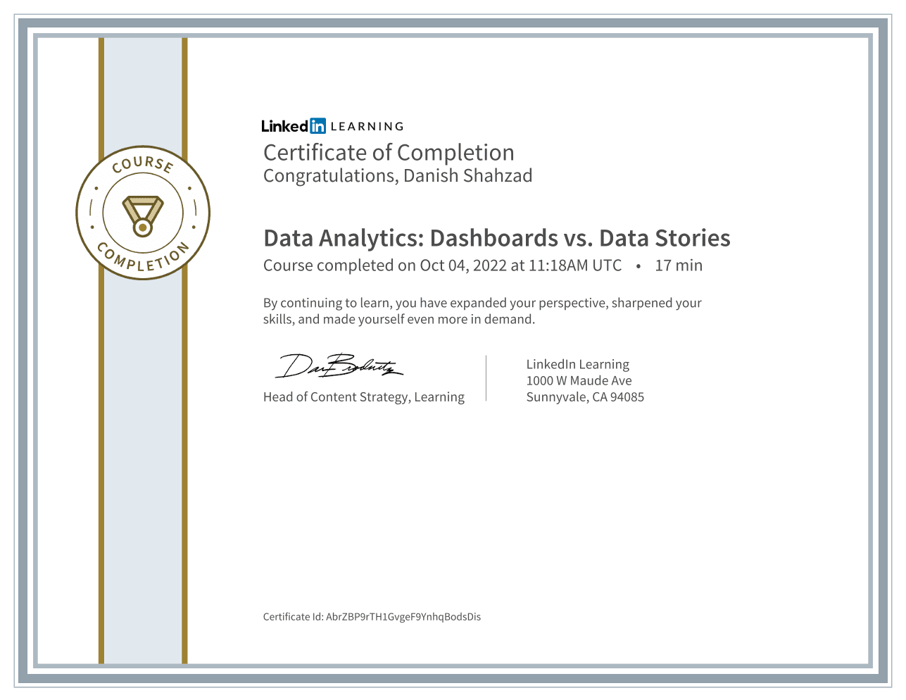 Data Analytics Dashboards vs. Data Stories certificate