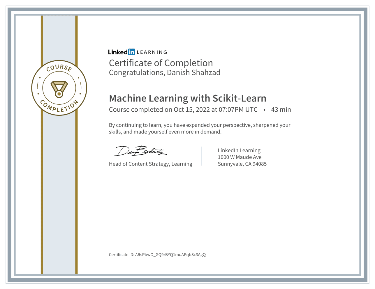 Machine Learning with Scikit-Learn certificate