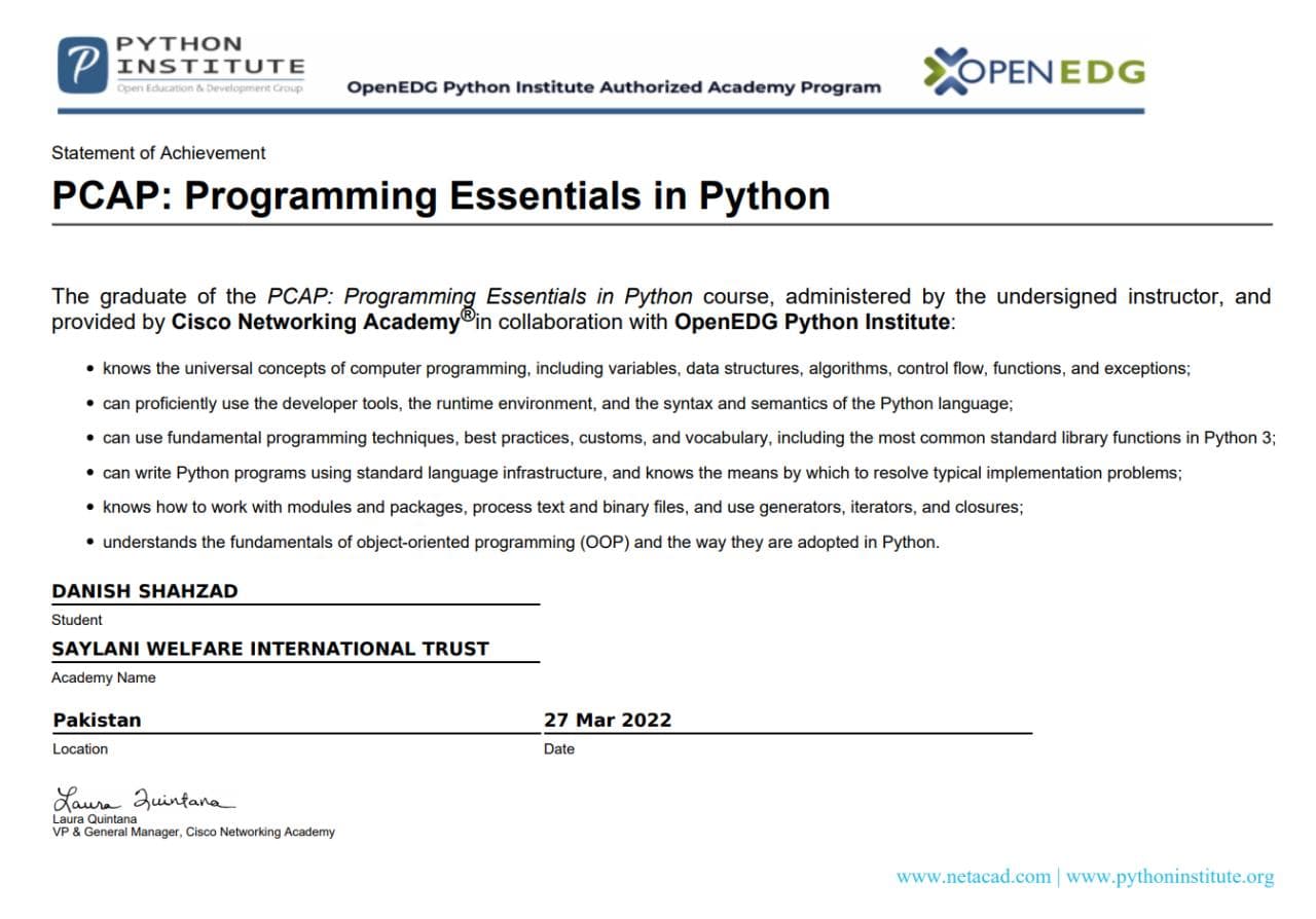 PCAP Programming Essentials in Python certificate