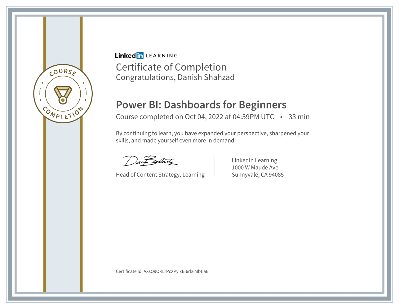 Power BI Dashboards for Beginners certificate