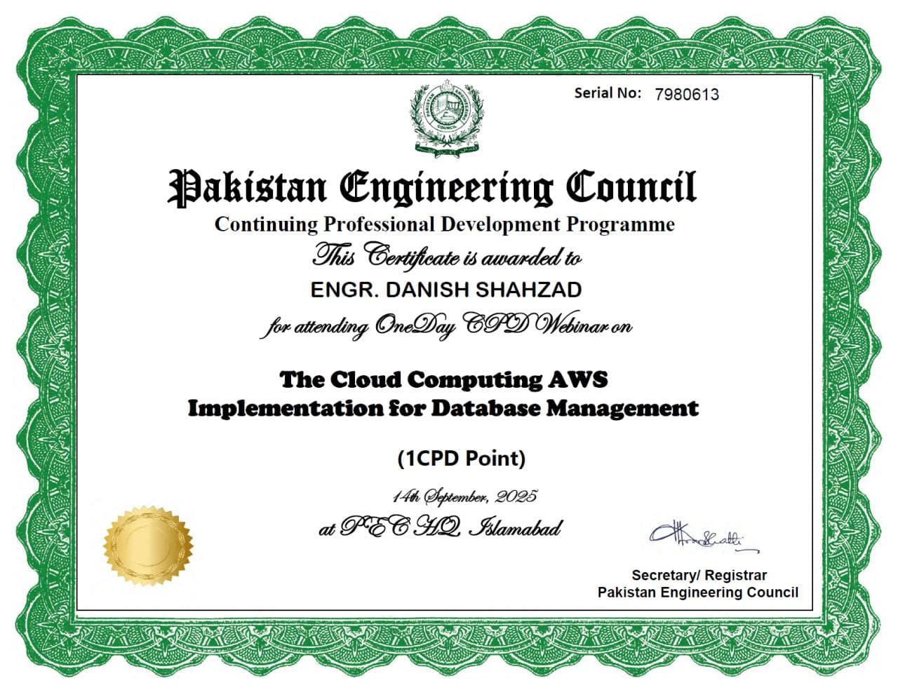 Cloud Computing AWS for Database Management certificate