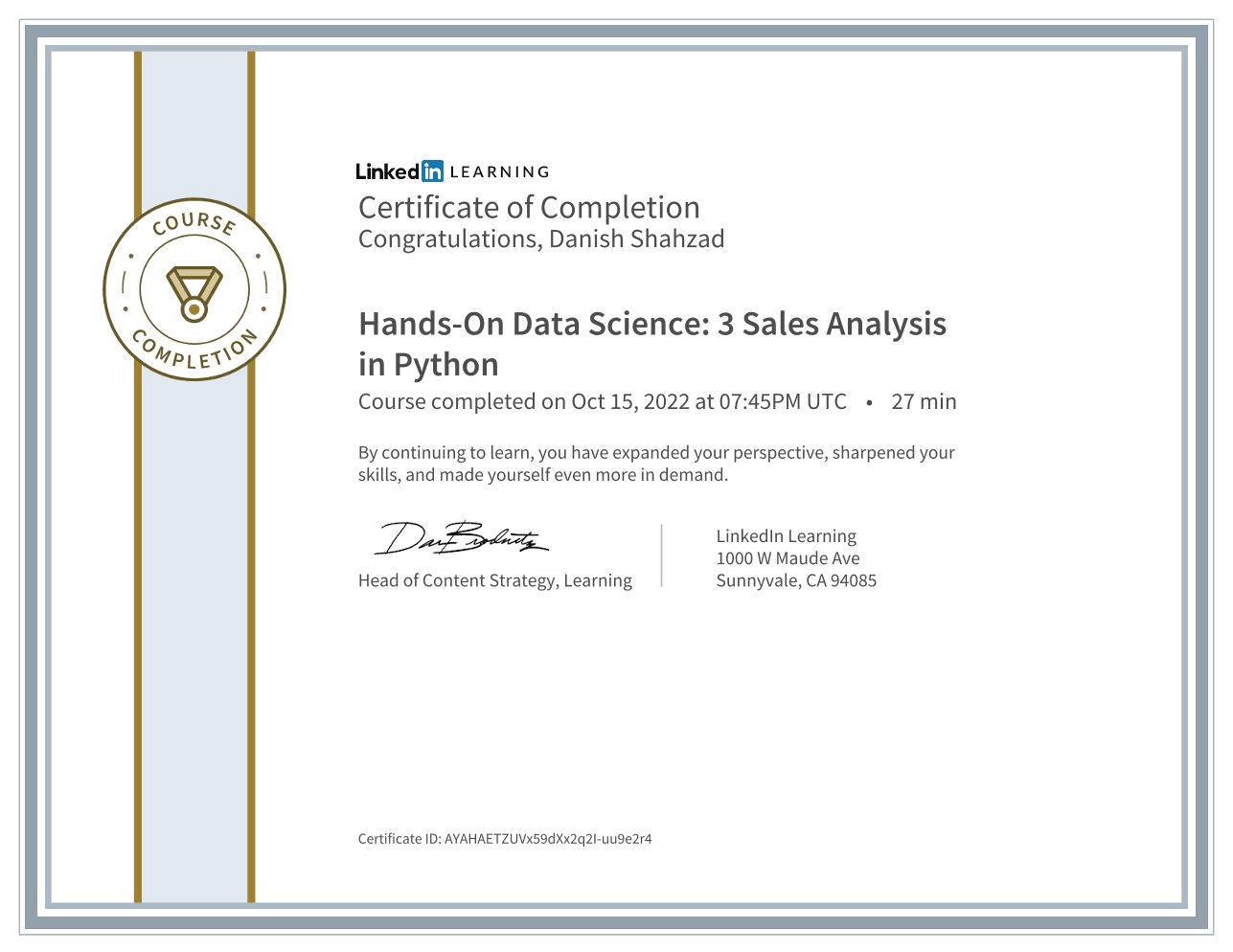 Hands-On Data Science 3 Sales Analysis in Python certificate